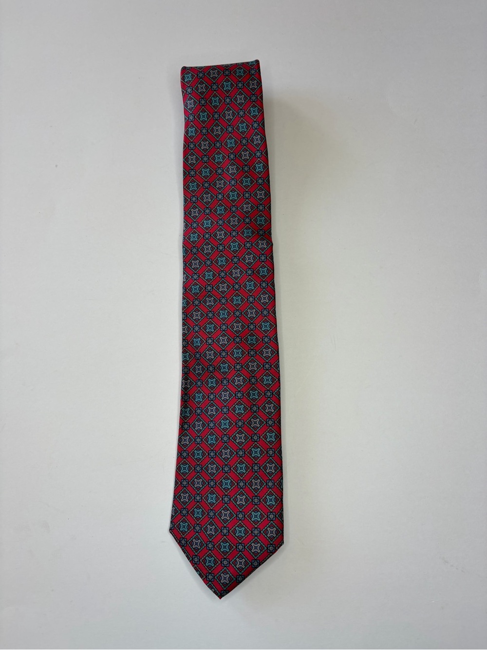 Mario Valentino Red Geometric Silk Tie with Blue Accents